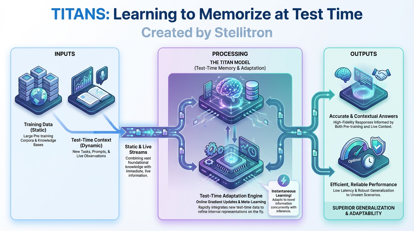 Titans: Learning to Memorize at Test Time Titans: Learning to Memorize at Test Time - Technical analysis infographic for Enterprise AI by Stellitron